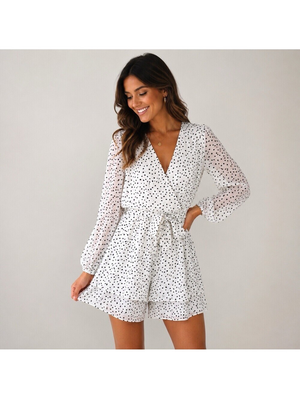 CY Fashion White Black Polka Dot Faux Wrap Romper Size L Long Sleeve Tie Waist